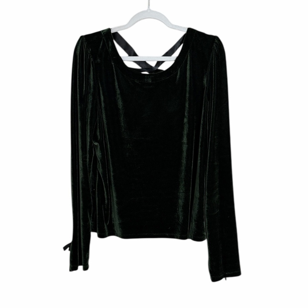 By Anthropologie Dark Green Velvet Criss Cross Back Long Sleeve Blouse Size XL
